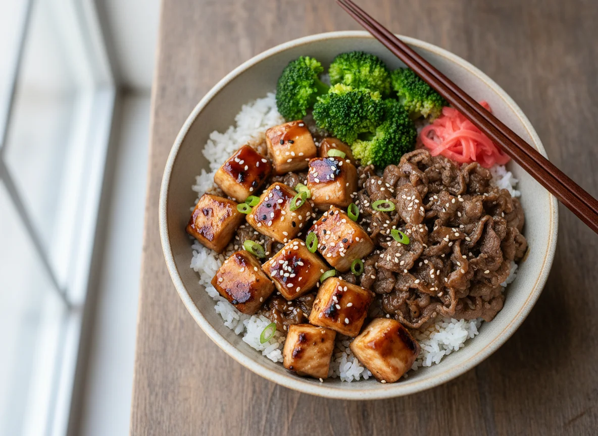 Teriyaki Chicken and Beef Bowl with Rice and Broccoli photo