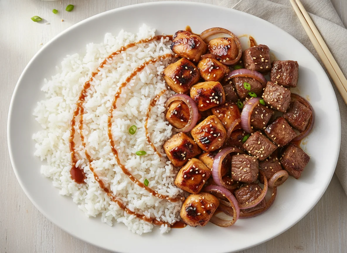 Teriyaki Chicken and Steak with White Rice photo