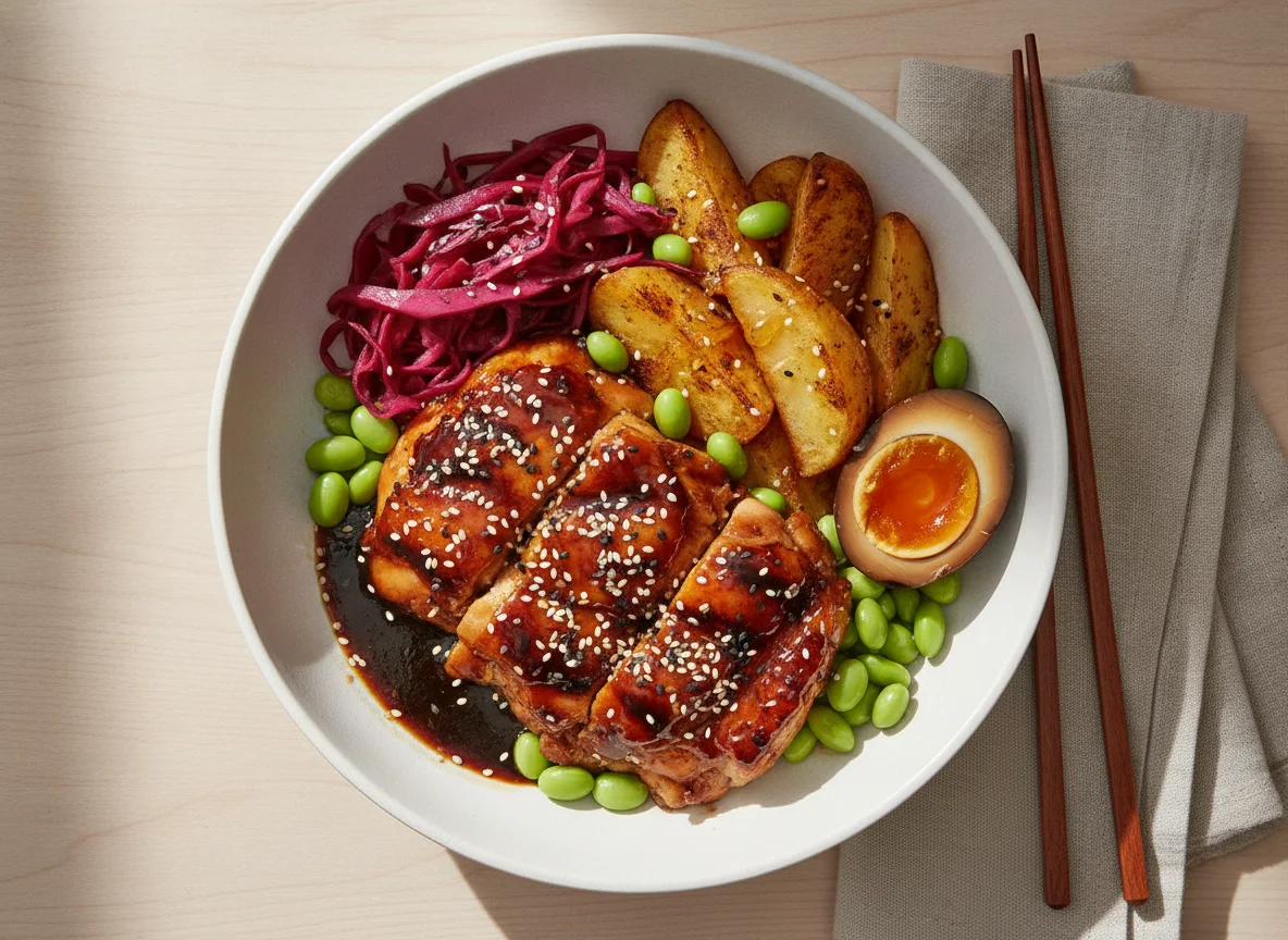 Teriyaki chicken bowl with grilled potatoes photo