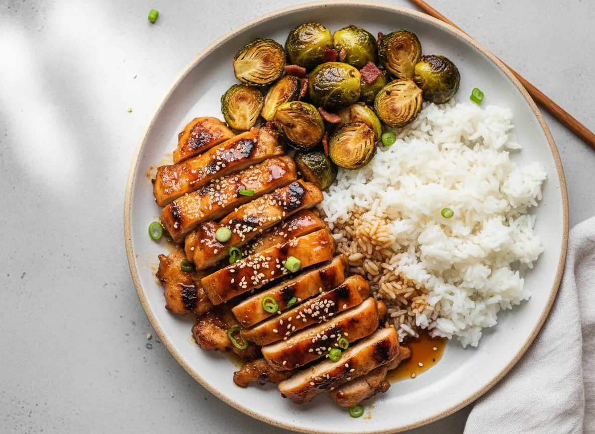 Teriyaki Chicken with White Rice and Brussels Sprouts photo