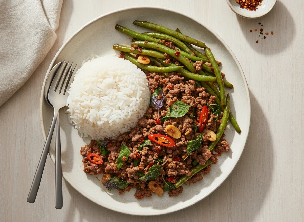 Thai Basil Beef with Jasmine Rice and Green Beans photo