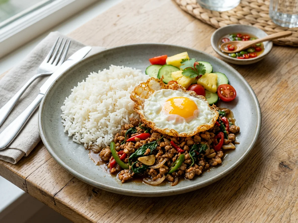 Thai Basil Pork with Fried Egg and Rice photo