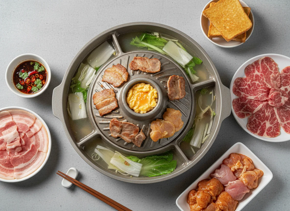 Thai BBQ (Mookata) with various meats and sides photo