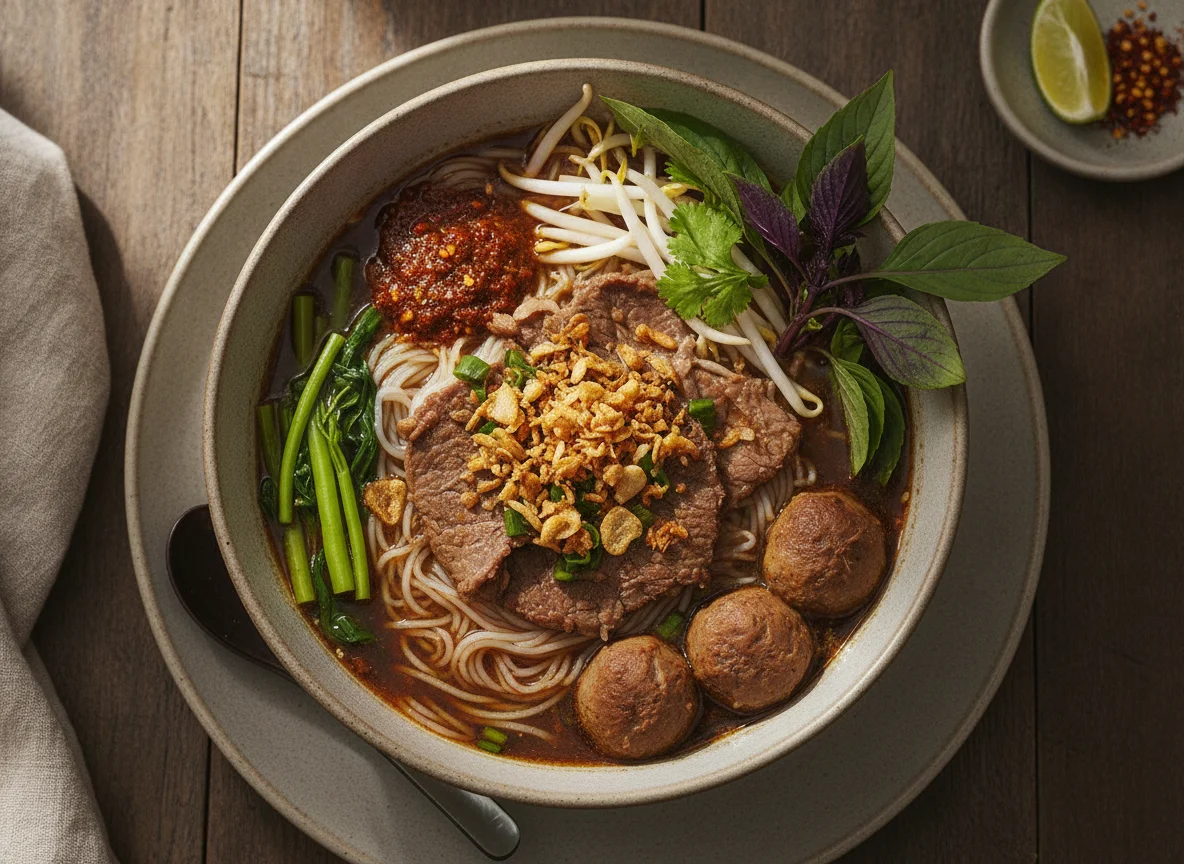 Thai Boat Noodles with Beef and Meatballs photo