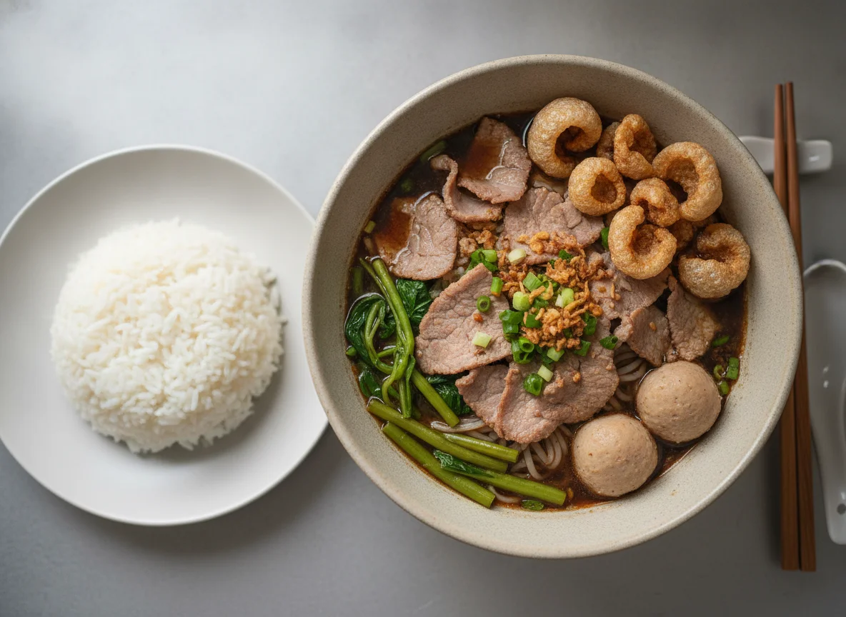 Thai Boat Noodles with Rice and Pork Cracklings photo