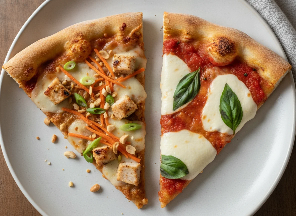 Thai Chicken Pizza and Margherita Pizza Slices photo