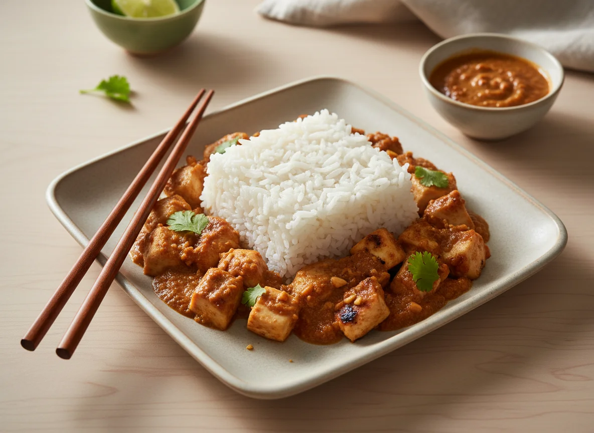 Thai Cube Satay Sauce Chicken with Jasmine Rice photo