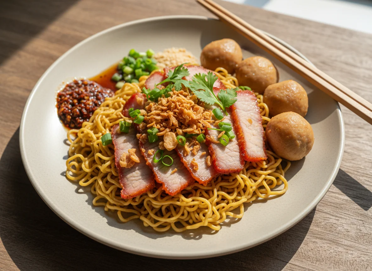 Thai Dry Egg Noodles with Pork and Meatballs photo