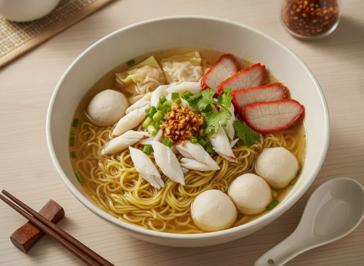 Thai Egg Noodle Soup with Crab and Fish Balls photo
