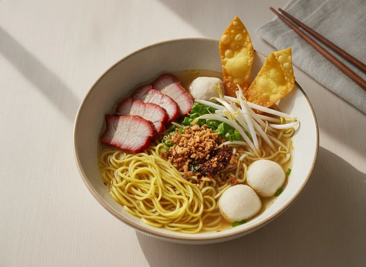 Thai Egg Noodle Soup with Roasted Pork and Fish Balls photo