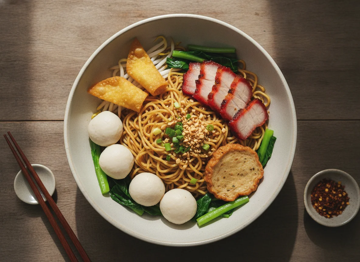 Thai Egg Noodles with Roasted Pork and Fish Balls photo