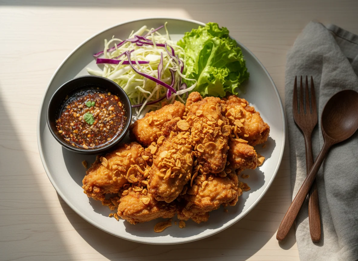 Thai Fried Chicken with Dipping Sauce and Salad photo