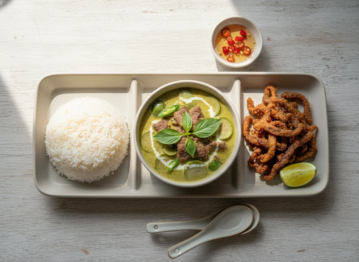 Thai Green Curry with Beef and Fried Beef with Rice photo