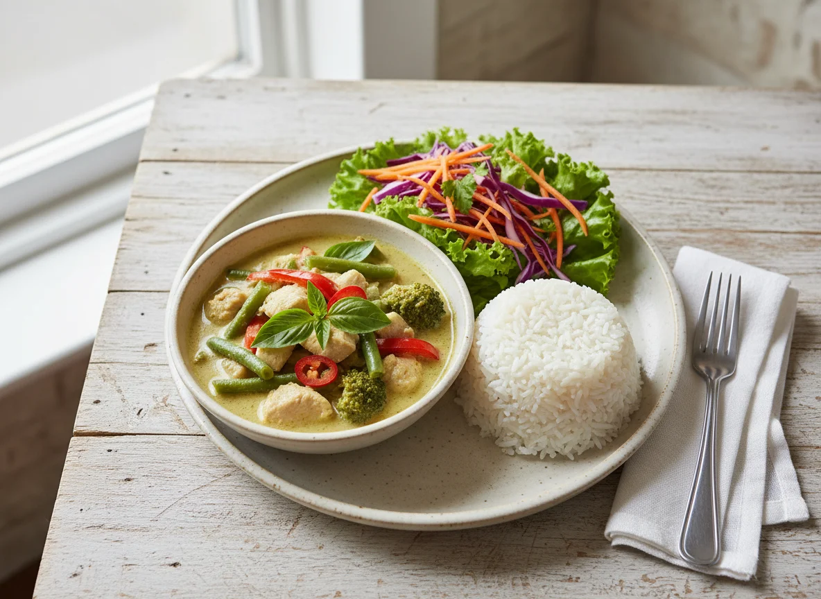 Thai Green Curry with Rice and Side Salad photo