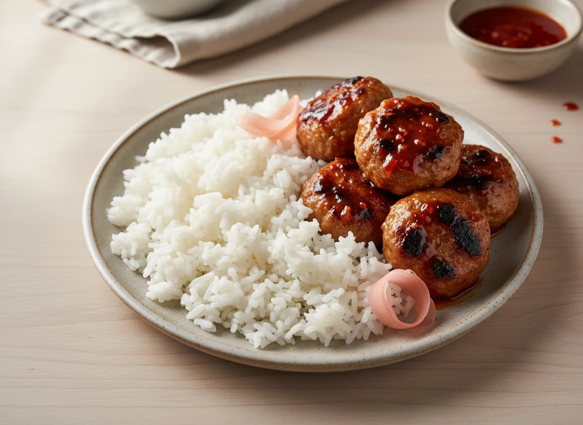 Thai Grilled Pork Meatballs with Steamed Rice photo