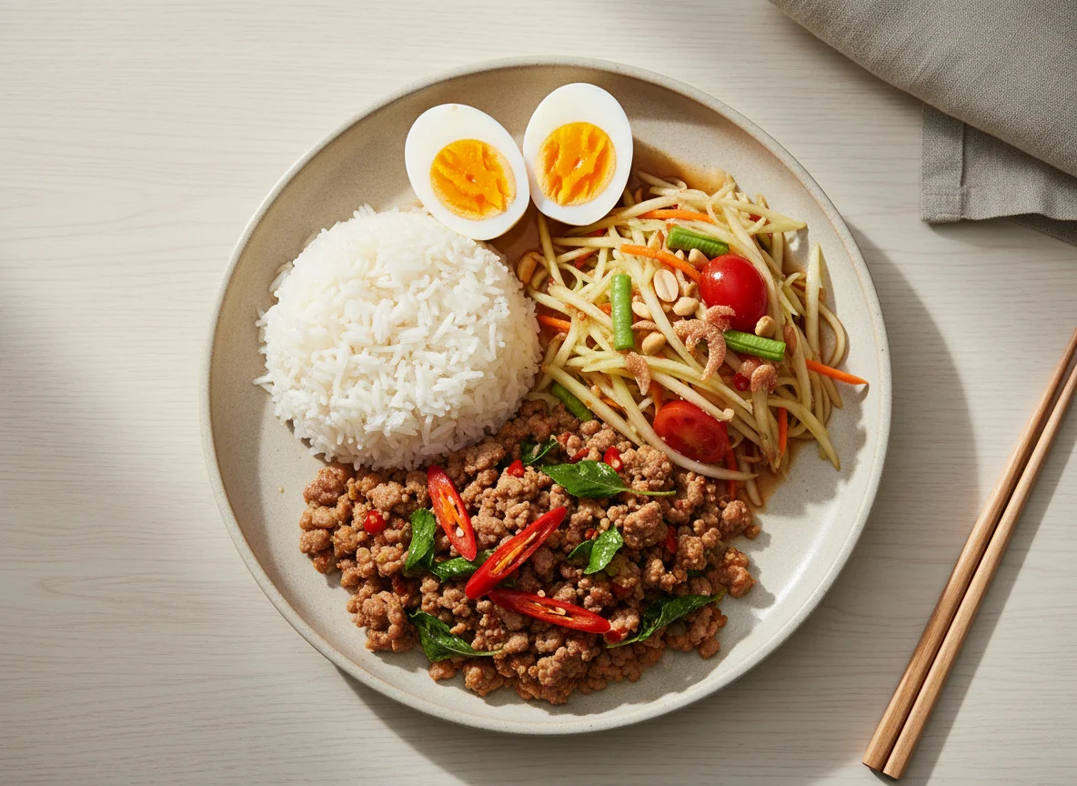 Thai meal with Pad Kra Pao, Papaya Salad, and Boiled Eggs photo