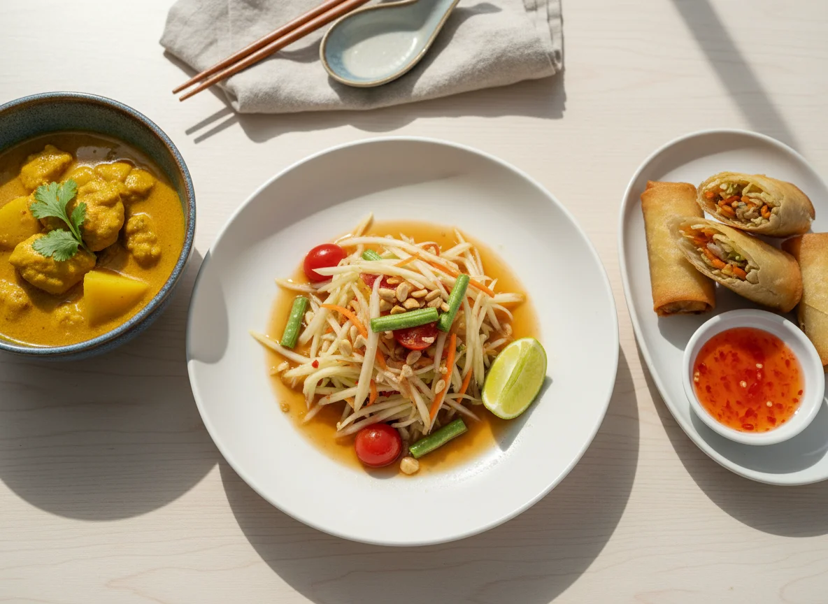 Thai Meal with Papaya Salad, Chicken Curry, and Spring Rolls photo