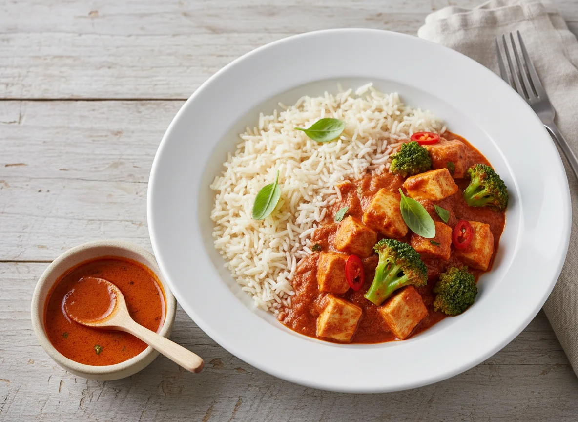 Thai red chicken curry with broccoli and basmati rice photo