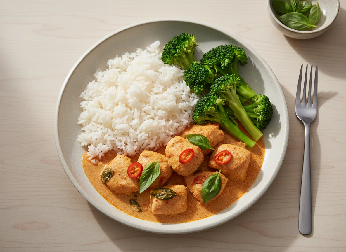 Thai red curry with chicken, rice and broccoli photo