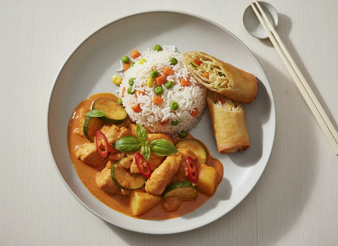 Thai Red Curry with Chicken, Rice and Spring Roll photo