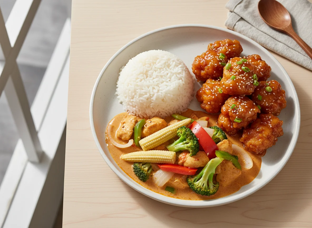 Thai Red Curry with Rice and Orange Chicken photo