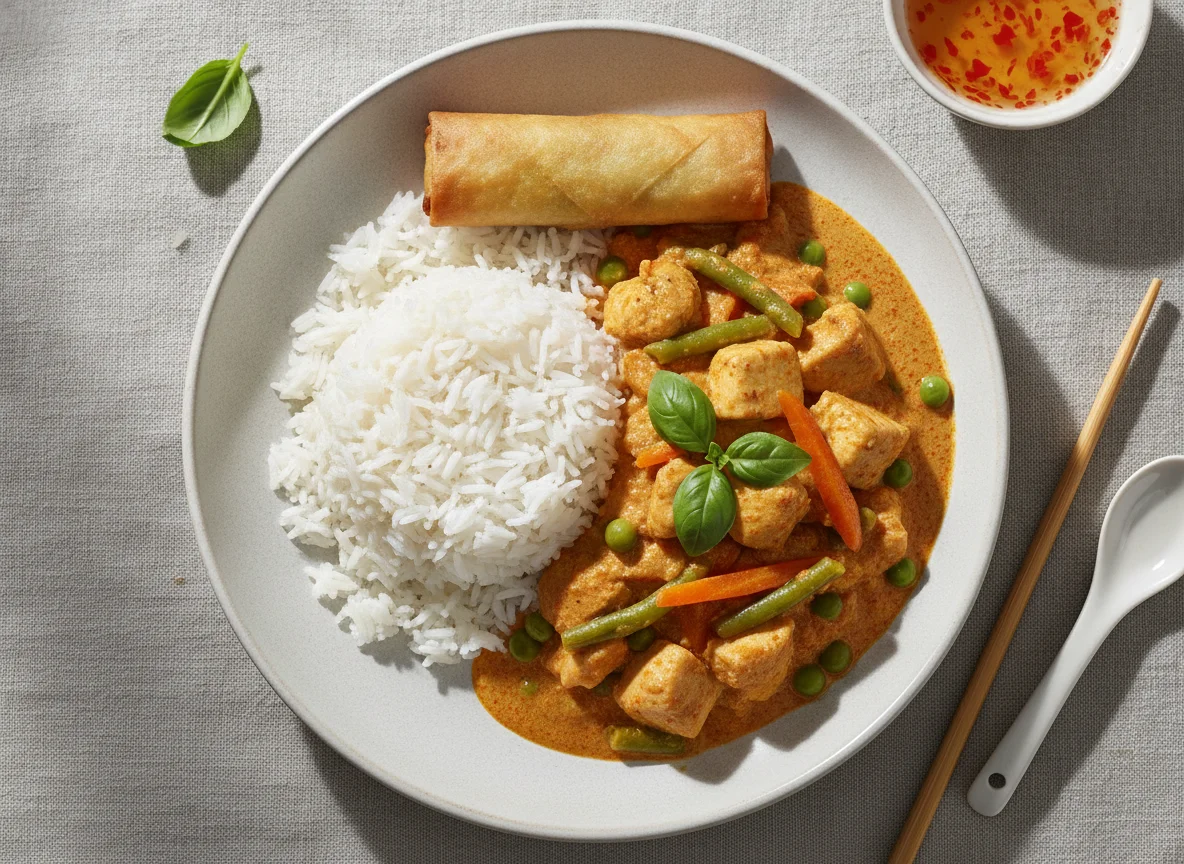 Thai Red Curry with Rice and Spring Roll photo