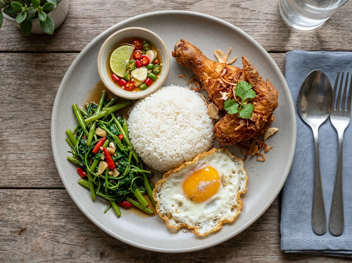 Thai Rice Plate with Fried Chicken and Egg photo