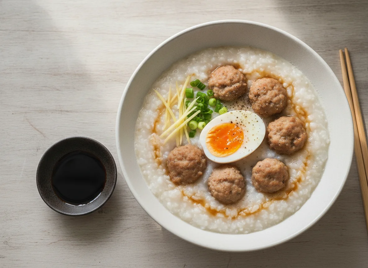 Thai Rice Porridge with Pork and Egg (Jok) photo