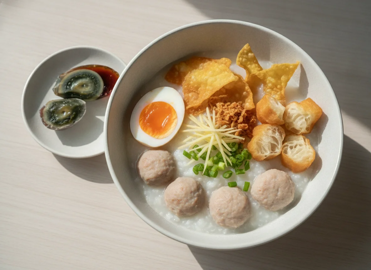 Thai Rice Porridge with Pork Balls and Egg (Jok) photo