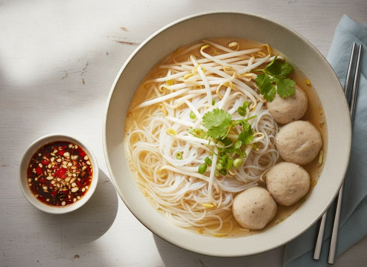 Thai Rice Vermicelli Soup with Fish Balls photo