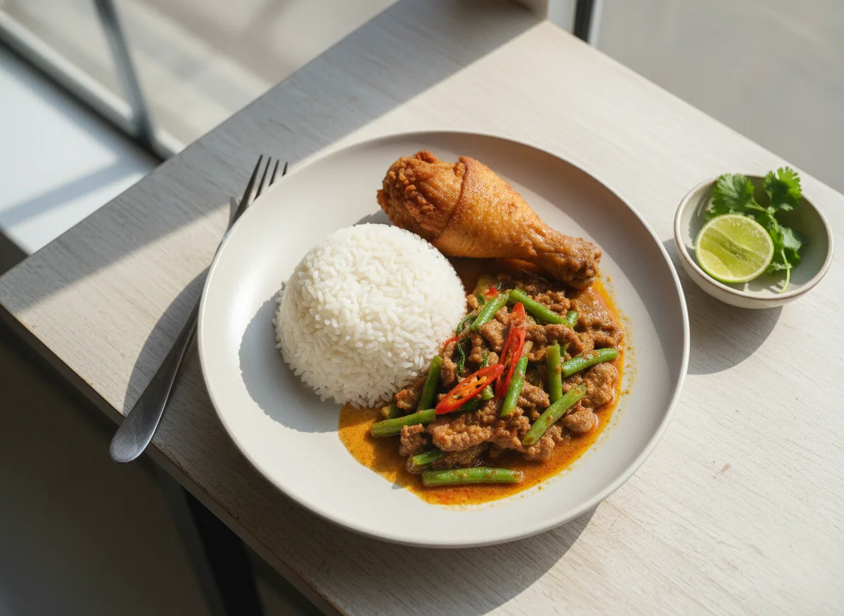 Thai Rice with Stir-fried Curry and Fried Chicken photo