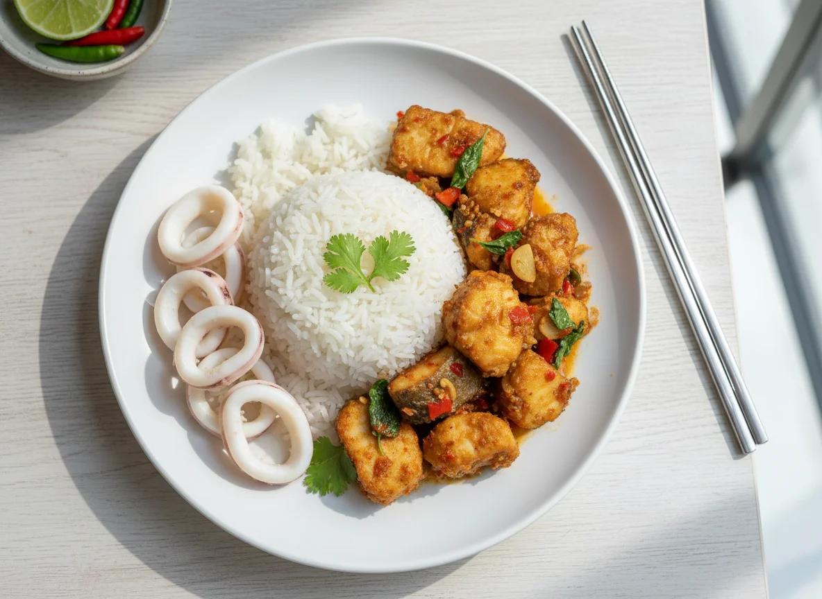 Thai Rice with Stir-fried Fish and Boiled Squid photo