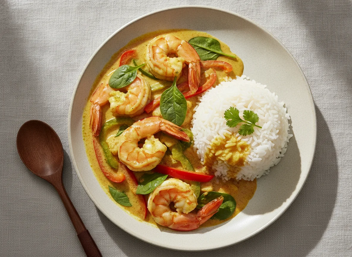 Thai Yellow Curry with Prawns and Rice photo