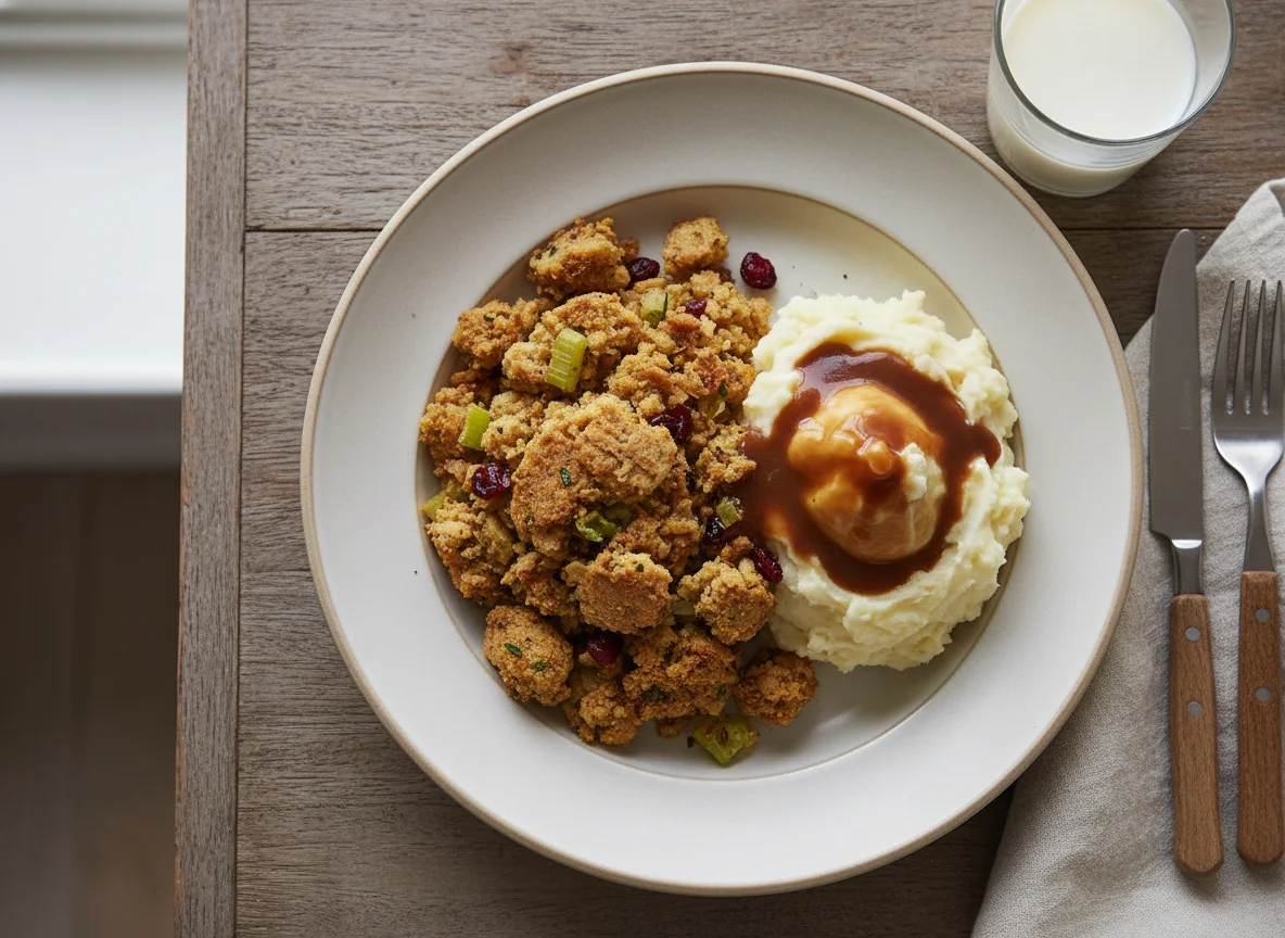 Thanksgiving-style meal with stuffing, mashed potatoes, gravy, and milk photo