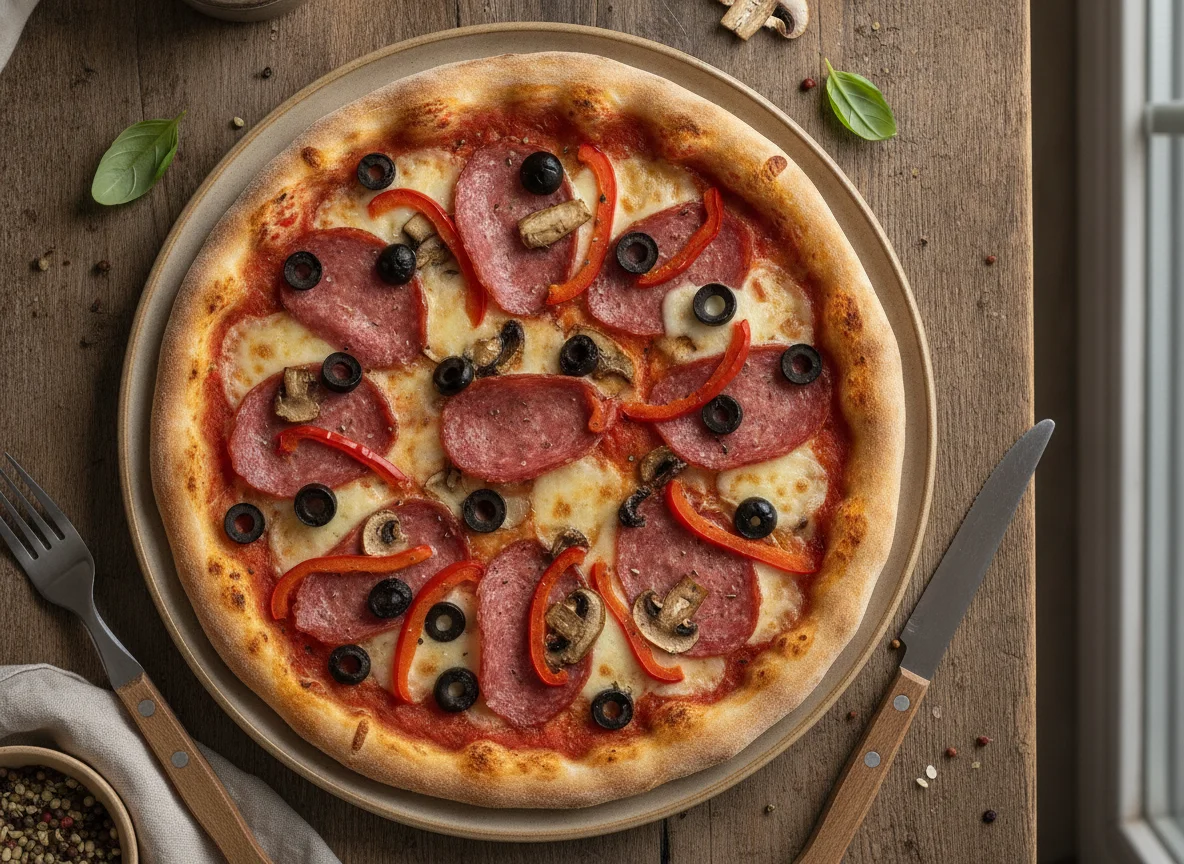 Thin Crust Pizza with Salami, Olives, and Mushrooms photo