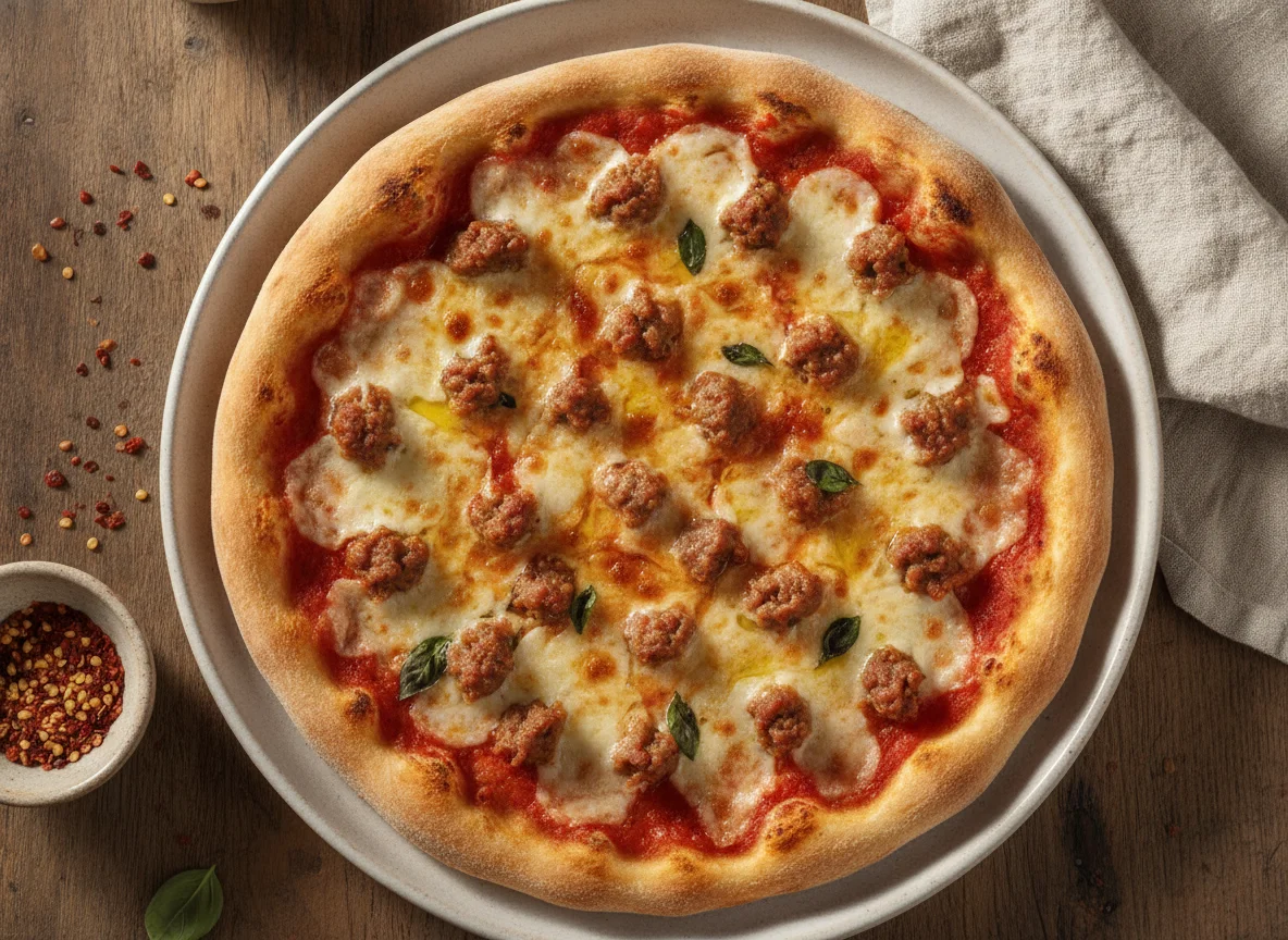 Thin crust sausage pizza photo