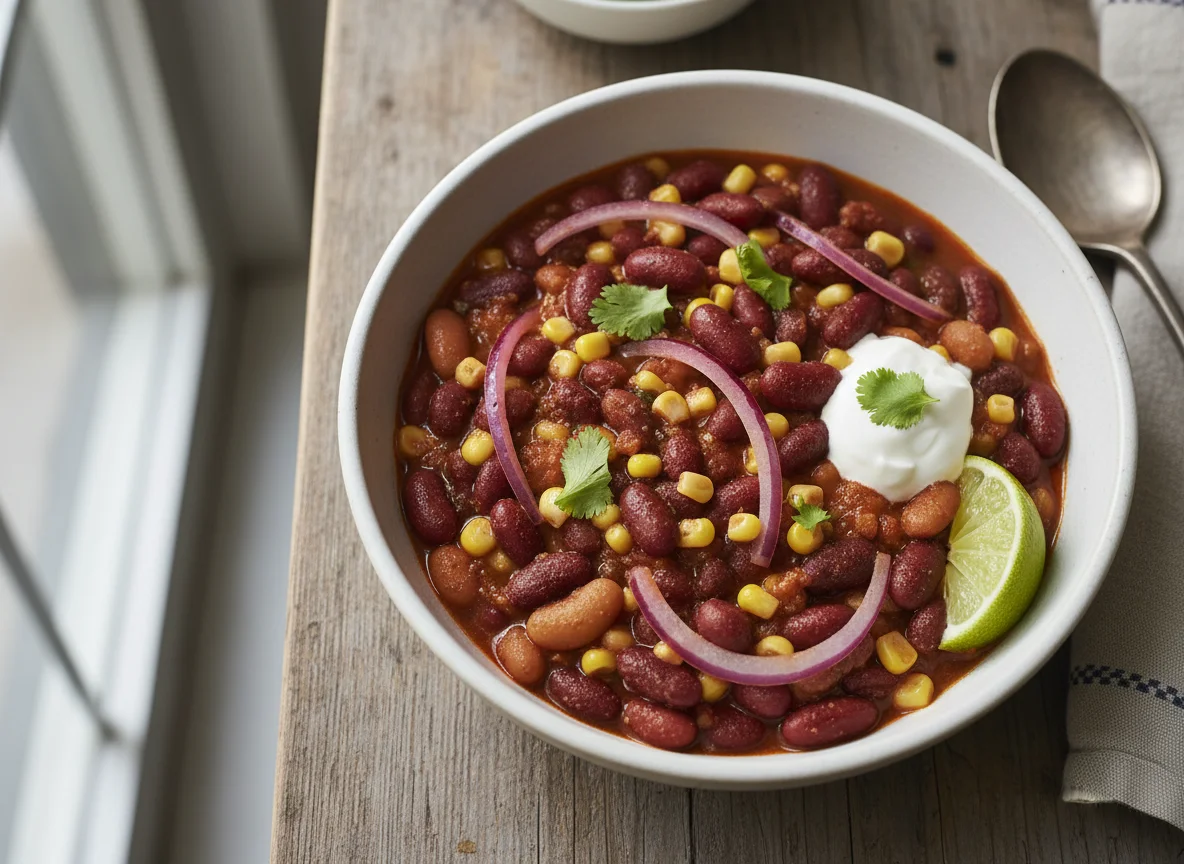 Three Bean Chili with Corn and Red Onion photo