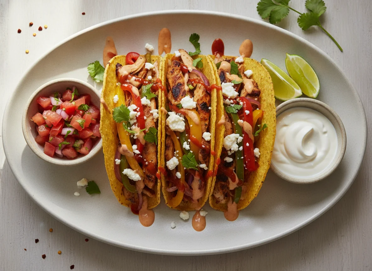 Three Hard Shell Tacos with Salsa and Sour Cream photo