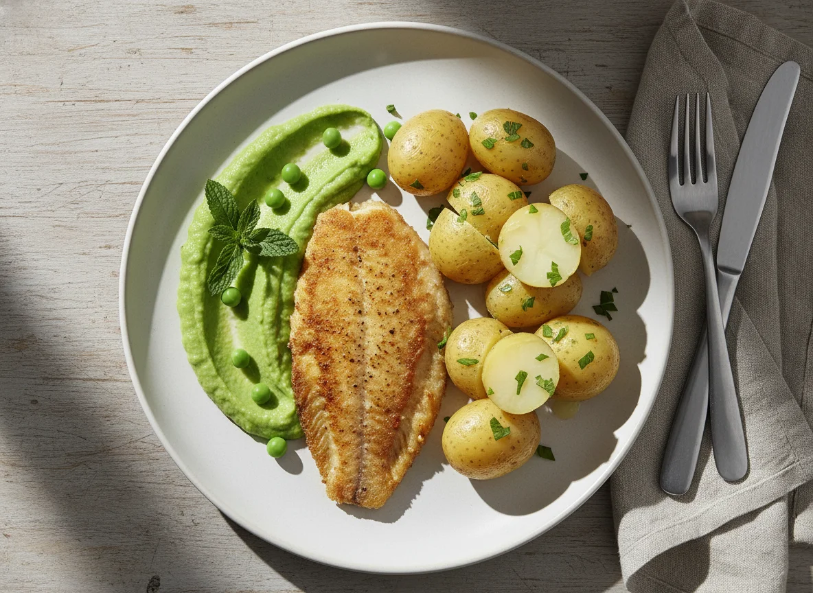 Tilapia Fillet with Boiled Potatoes and Pea Puree photo