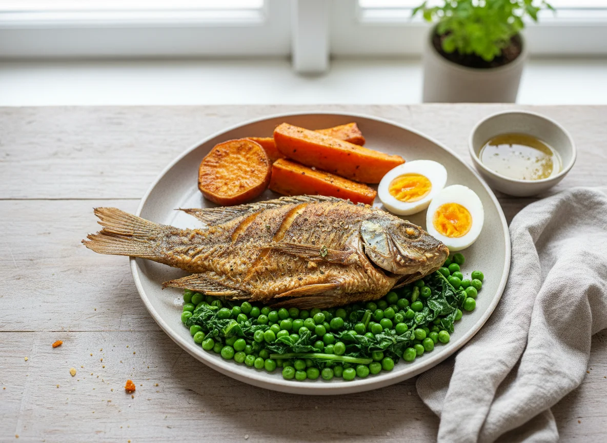 Tilapia, Sukuma Wiki with Peas, Sweet Potato, and Boiled Eggs photo