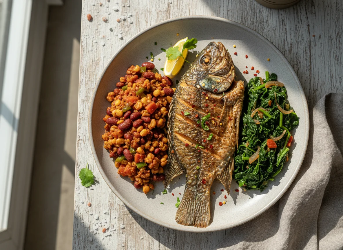 Tilapia with Githeri and Sukuma Wiki photo