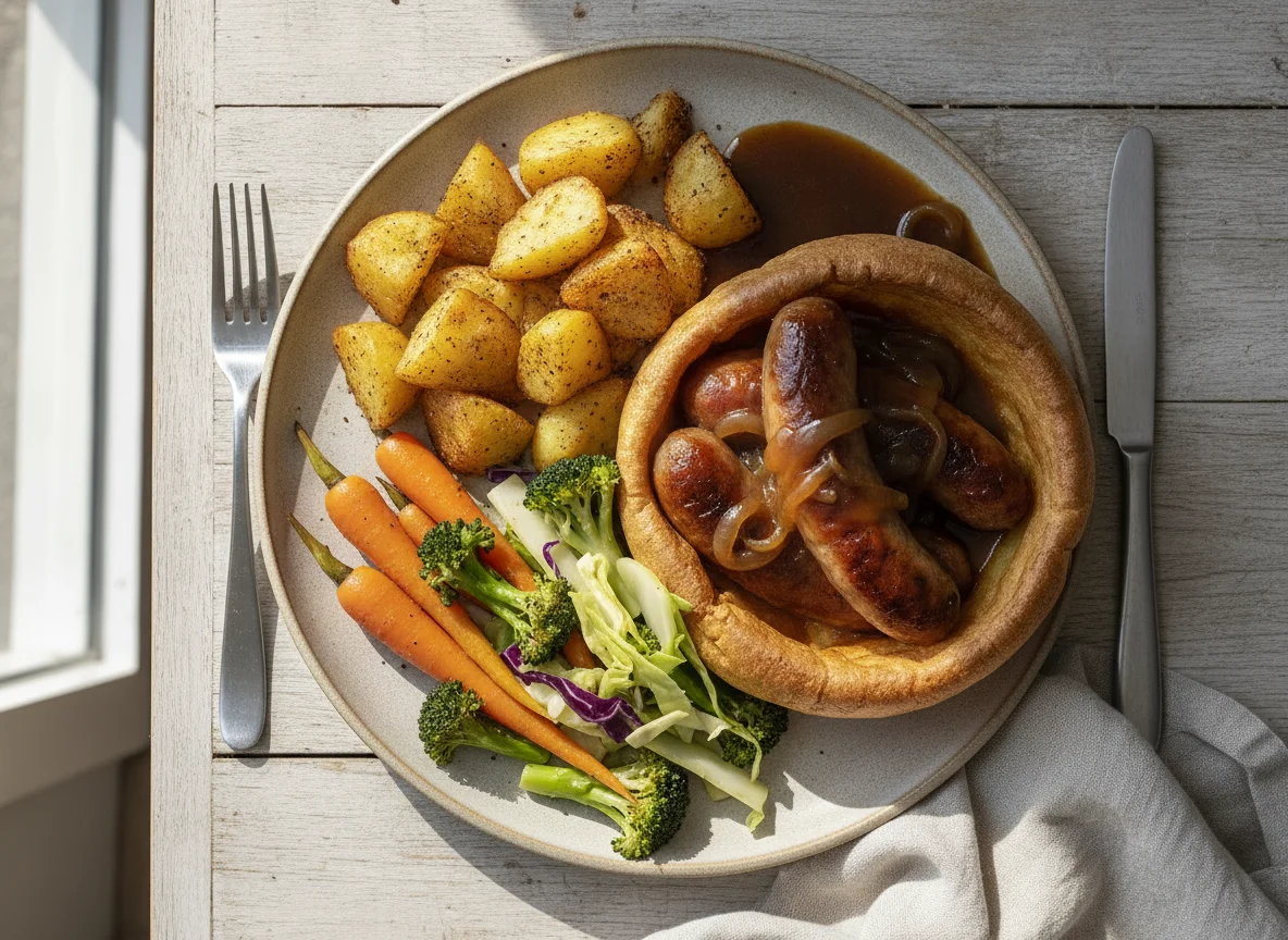 Toad in the Hole with Roast Potatoes and Vegetables photo