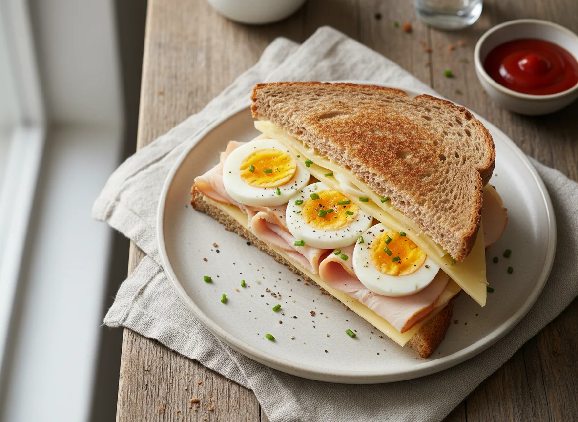 Toast sandwich with cheese, turkey breast, and boiled egg photo