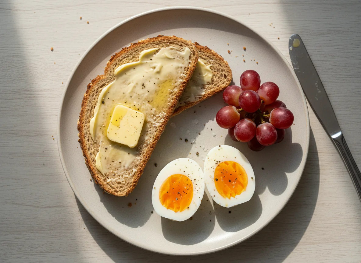 Toast with Boiled Eggs and Grapes photo