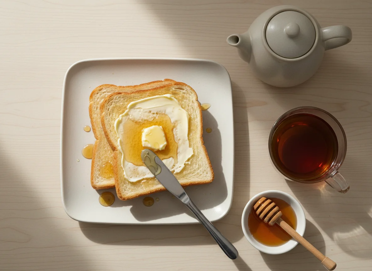 Toast with butter and honey, and tea photo