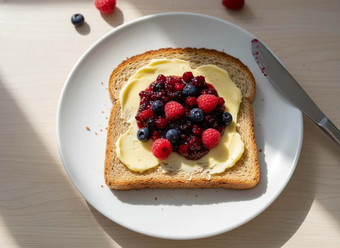 Toast with butter and mixed berry jam photo