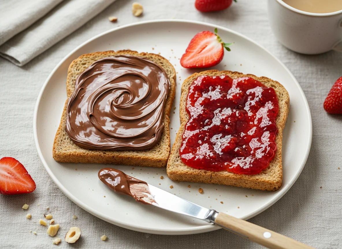Toast with chocolate spread and jam photo