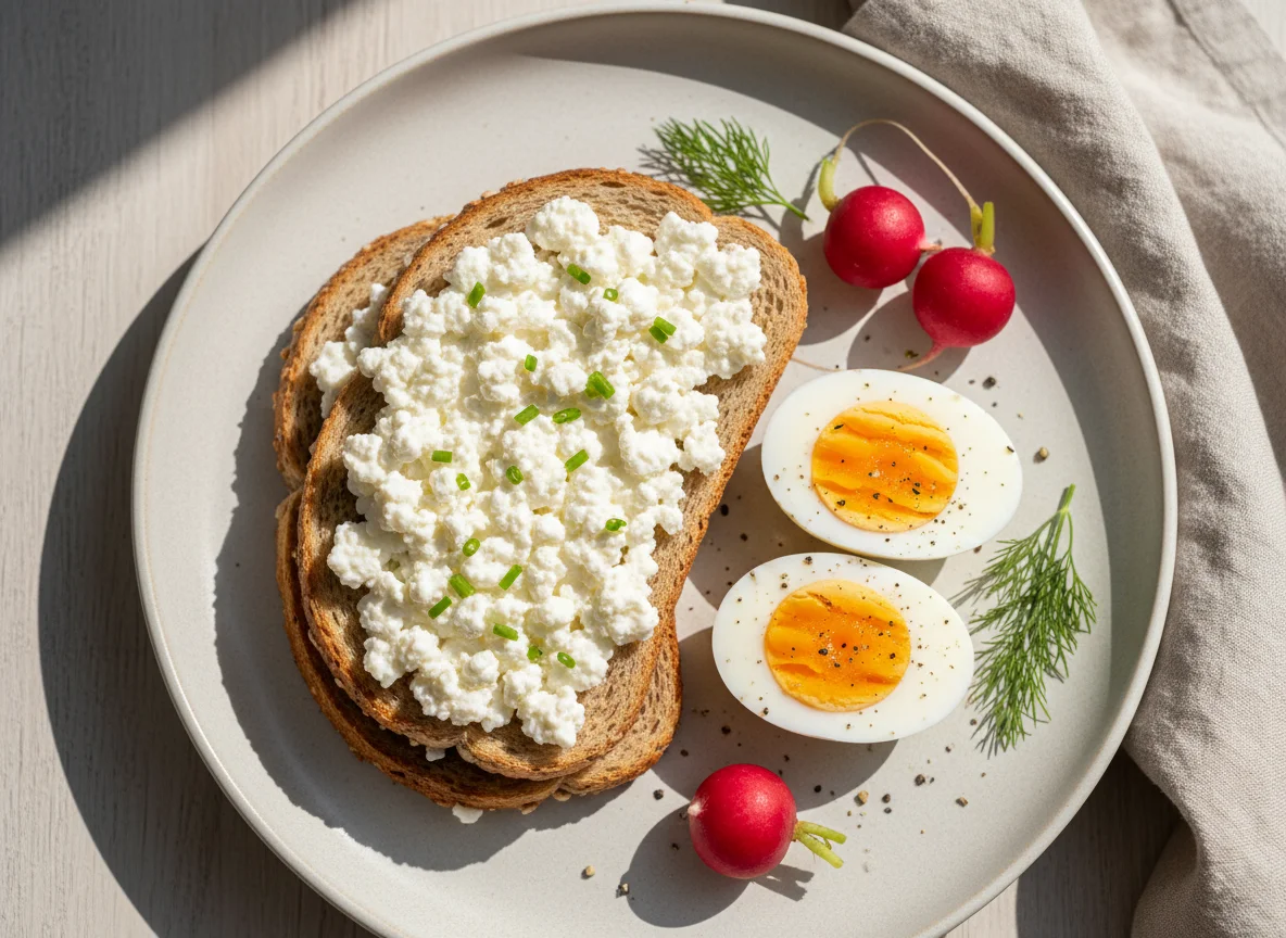 Toast with Cottage Cheese and Hard-Boiled Egg photo
