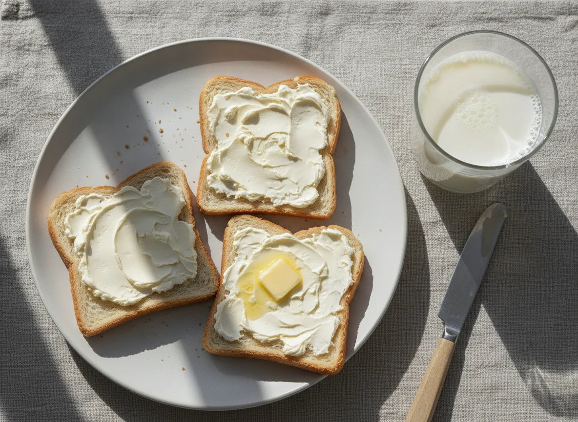 Toast with cream cheese and a glass of milk photo