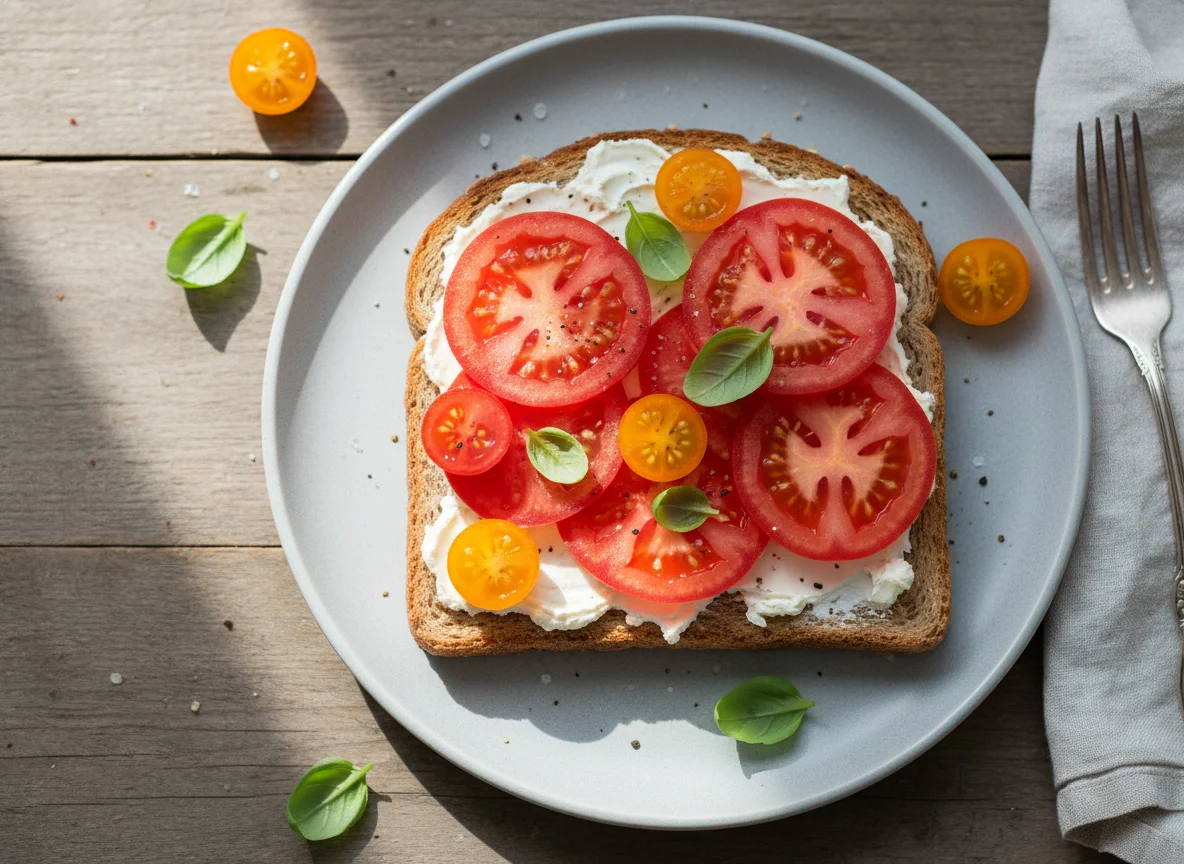 Toast with Cream Cheese and Tomatoes photo